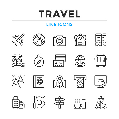 Travel line icons set. Modern outline elements, graphic design concepts. Stroke, linear style. Simple symbols collection. Vector line icons