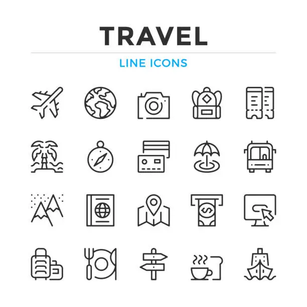 Vector illustration of Travel line icons set. Modern outline elements, graphic design concepts. Stroke, linear style. Simple symbols collection. Vector line icons
