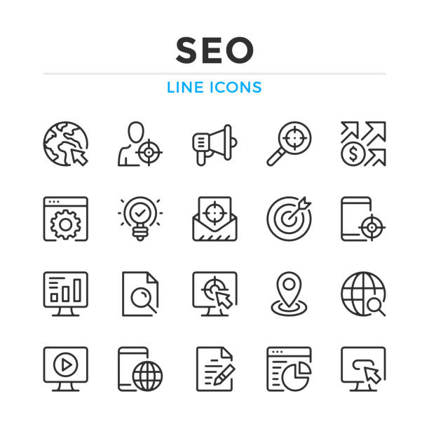 seoラインアイコンが設定されています。現代のアウトライン要素、グラフィックデザインの概念。ストローク、線形スタイル。単純なシンボル コレクション。ベクトル線アイコン - google ads点のイラスト素材／クリップアート素材／マンガ素材／アイコン素材