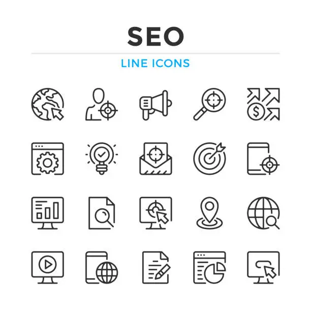 Vector illustration of SEO line icons set. Modern outline elements, graphic design concepts. Stroke, linear style. Simple symbols collection. Vector line icons