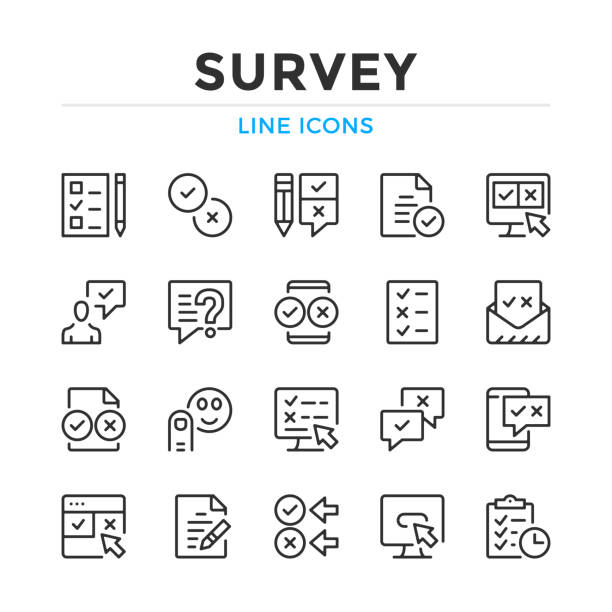 illustrations, cliparts, dessins animés et icônes de ensemble d'icônes de ligne d'enquête. éléments de contour modernes, concepts de design graphique. course, style linéaire. collection de symboles simples. graphismes de ligne de vecteur - questionnaire