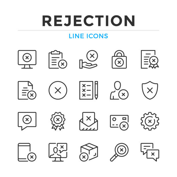 ustawiono ikony linii odrzucenia. nowoczesne elementy konspektu, koncepcje graficzne. obrys, styl liniowy. kolekcja prostych symboli. ikony linii wektorowych - rejection stock illustrations