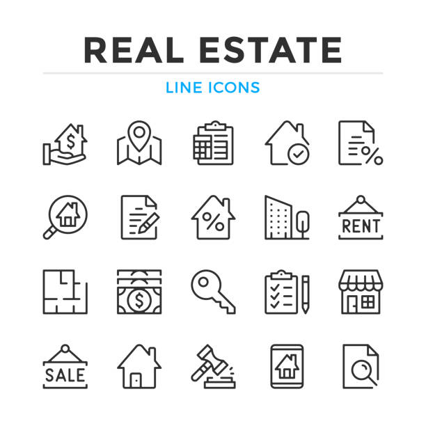 ilustrações de stock, clip art, desenhos animados e ícones de real estate line icons set. modern outline elements, graphic design concepts. stroke, linear style. simple symbols collection. vector line icons - check mark symbol computer icon interface icons