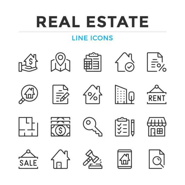 Vector illustration of Real estate line icons set. Modern outline elements, graphic design concepts. Stroke, linear style. Simple symbols collection. Vector line icons