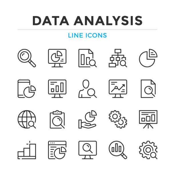 ilustraciones, imágenes clip art, dibujos animados e iconos de stock de conjunto de iconos de línea de análisis de datos. elementos de esquema modernos, conceptos de diseño gráfico. trazo, estilo lineal. colección de símbolos simples. iconos de línea vectorial - data