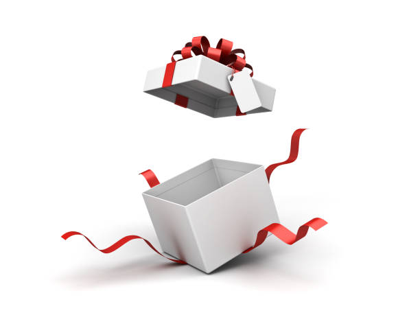 istock White present box or blank gift box with red ribbon bow and blank tag open isolated on white background 1182329709