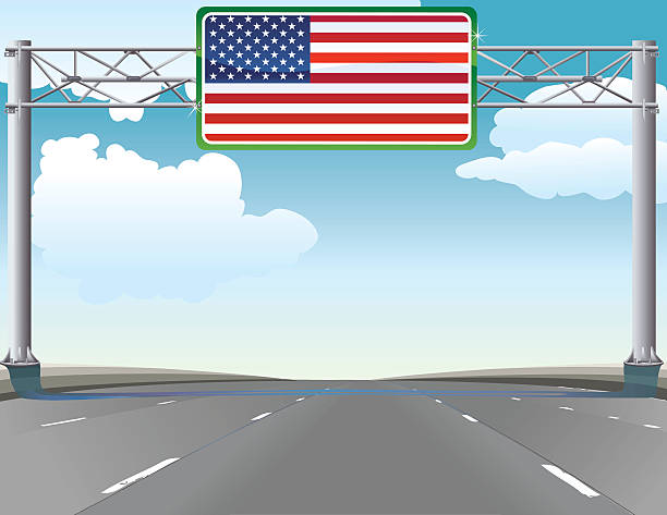 ilustraciones, imágenes clip art, dibujos animados e iconos de stock de highway de los estados unidos - copy space road sign sky above