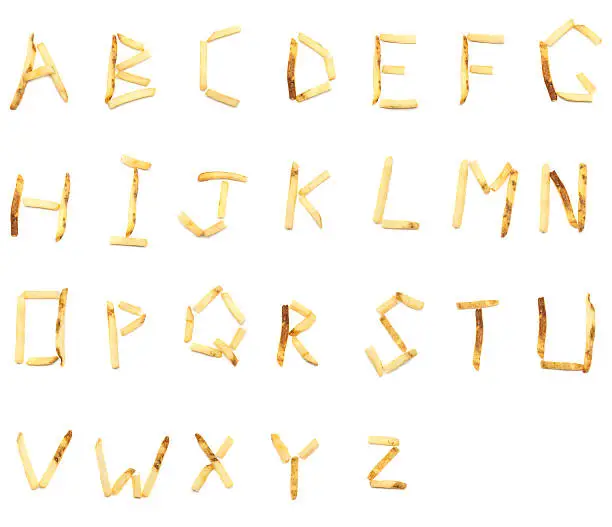 The 26 letters of the alphabet made out of french fries. A french fry font!