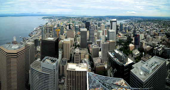 Bird Eye`s View Of Downtown Seattle With The Most Famous Landmark Of Seattle In The Background