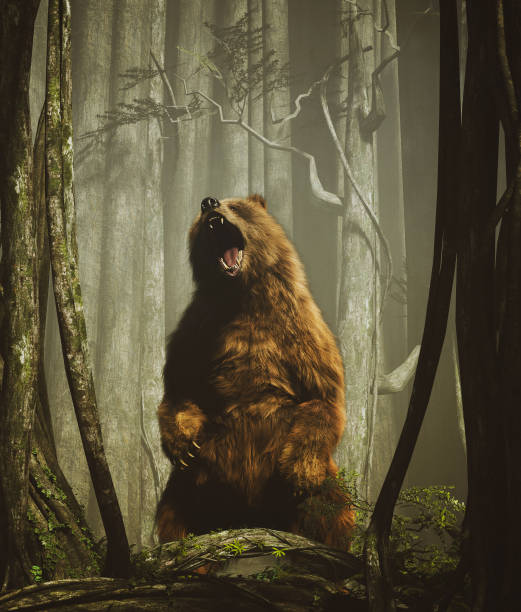 i racconti della foresta, orso grizzly marrone nella foresta magica, illustrazione 3d - orso grizzly foto e immagini stock