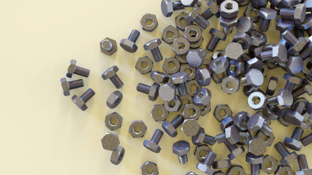 istock nuts and bolts metal screws hardware store 3D illustration rendering 1182341115