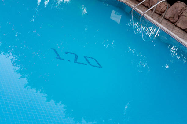 istock A full pool indicating the depth on the tile below the surface of the water. Depth one meter twenty centimeters 1182341335