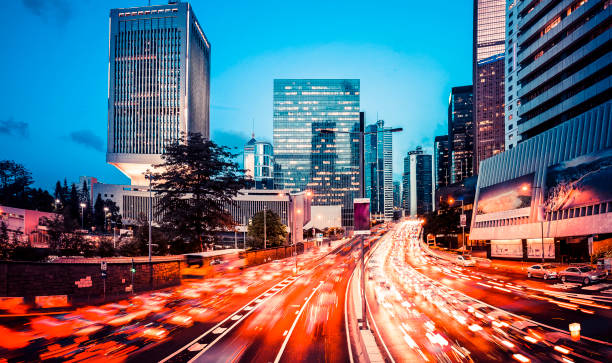 istock Motion blur effect with modern city in background 1182341687