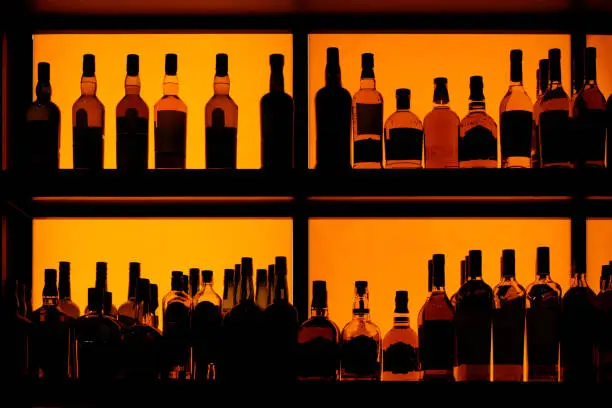 Bottles sitting on shelf in a bar, back lit