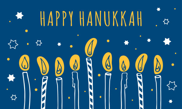 ilustraciones, imágenes clip art, dibujos animados e iconos de stock de plantilla de saludo hanukkah. nueve velas y deseos. ilustración de boceto dibujada a mano - hanukkah