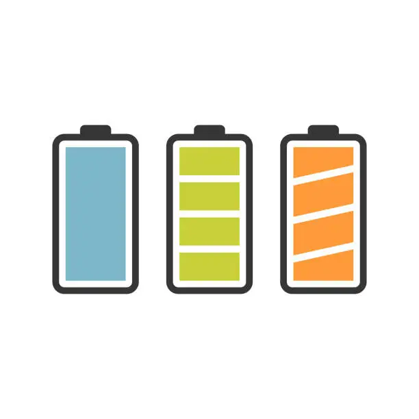 Vector illustration of Battery vector icon set with colorful charge level indicators