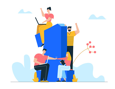 Business Team Project Success. Group of People with Gadgets Stand at Huge Number One Celebrate Victory Winners Prize and Award. Teamworking and Company Growth Concept. Cartoon Flat Vector Illustration