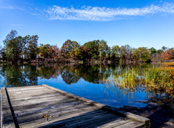 small dock with beautiful autumn background at presque isle state park small dock with beautiful autumn background at presque isle state park lough erne photos stock pictures, royalty-free photos & images