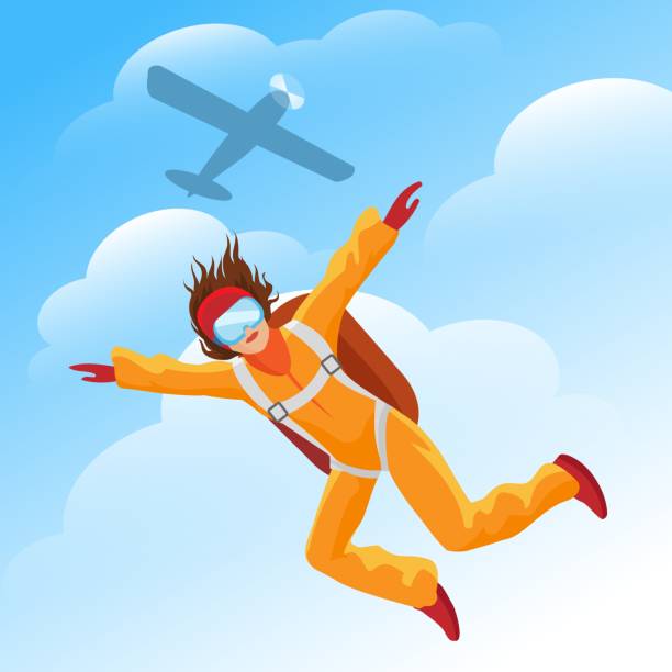 Woman parachutist jumper Woman parachutist. Female parachute jumper with plane vector illustration, parachuting jump person in blue sky, parachuter jumping and parachutism activities adventure skydiving stock illustrations