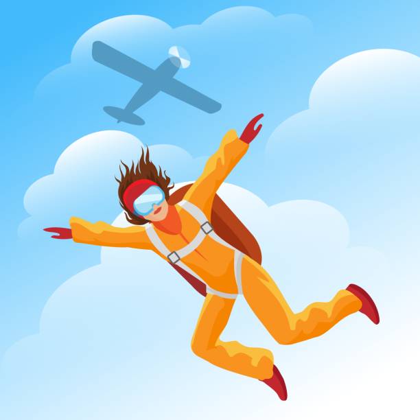 Woman parachutist jumper Woman parachutist. Female parachute jumper with plane vector illustration, parachuting jump person in blue sky, parachuter jumping and parachutism activities adventure airborne sport stock illustrations