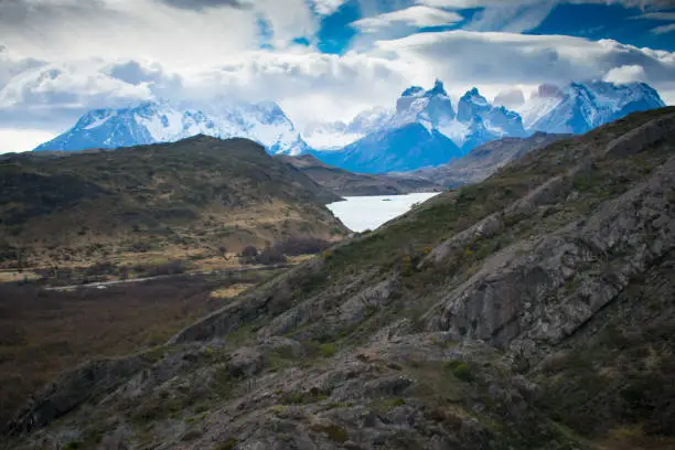 Photo of Breathtaking Storm Rolling over Torres Del Paine Mountain Range and Glacier Grey in Patagonia Chile