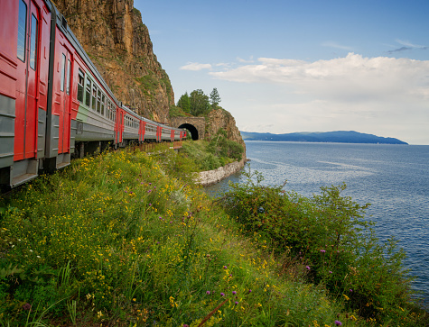 The train enters the tunnel on the Circum-Baikal Railway