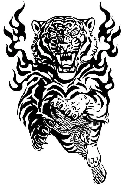 Vector illustration of tiger in tongues of flame front view black and white