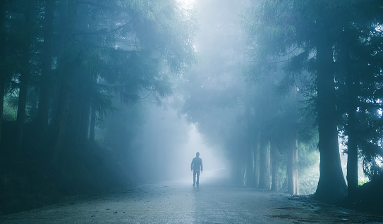 Man walking on foggy road