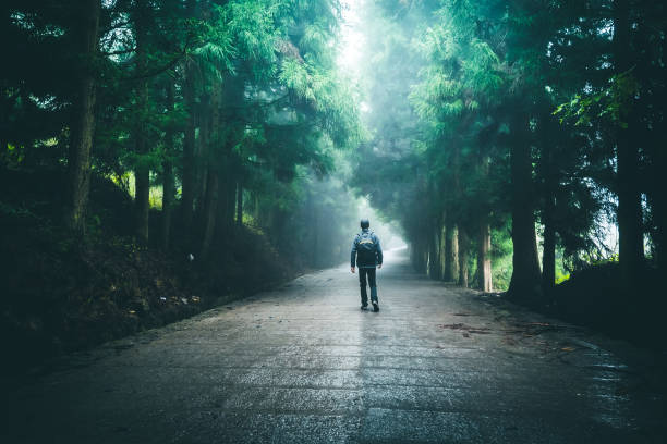 Traveler with backpack walking on road