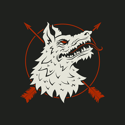 Wolf head silhouette with crossed arrows and circle - cut out vector icon