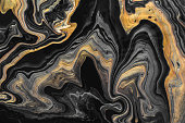 Black marble background with golden waves and curls. Abstract background or texture. Acrylic Fluid Art