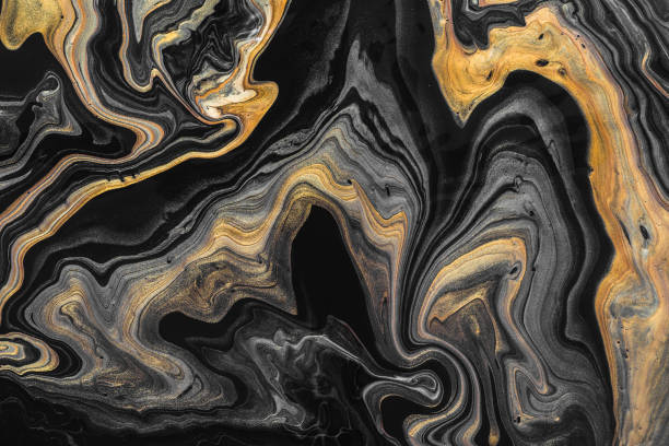 black marble background with golden waves and curls. abstract background or texture. acrylic fluid art - black paint imagens e fotografias de stock