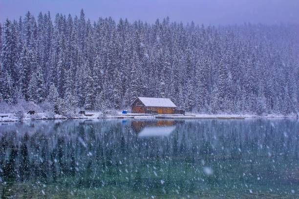 istock Snow Falling At Lake Louise 1182364100