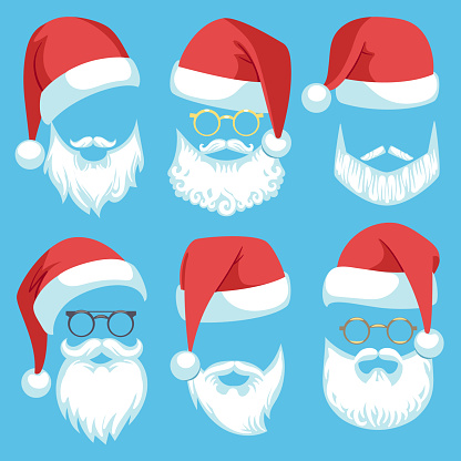 Santa hats and beards. Christmas elements white mustache, beard and glasses, claus red hat, winter holiday clothes cartoon vector bearded man costume set