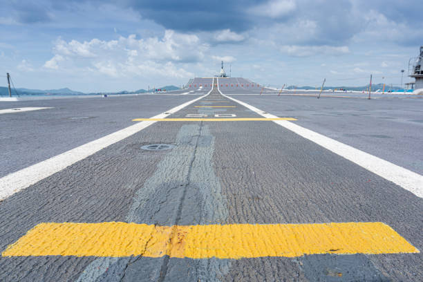 istock Runway at takeoff on battleship and Runway Aircraft Carrier 1182366160