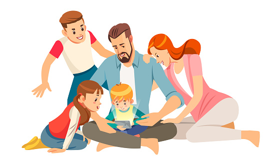 Cheerful Young Family With Kids Laughing Watching Funny Video On Smartphone Sitting Together Parents With Children Enjoying Playing Games Or Entertaining Using Mobile Apps On Phone At Home Stock Illustration - Download Cheerful Young Family With Kids Laughing Watching Funny Video On Smartphone Sitting Together Parents With Children Enjoying Playing Games Or Entertaining Using Mobile Apps On Phone At Home Stock Illustration - Download