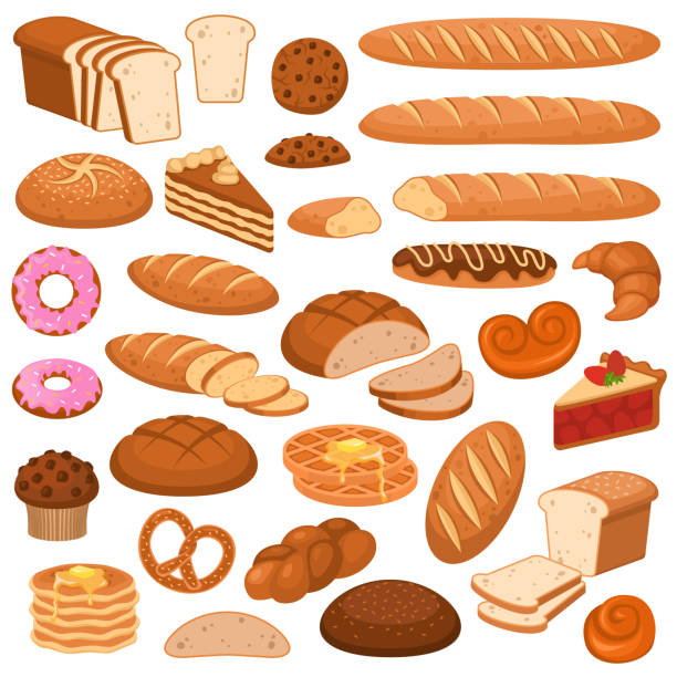 karikatür ekmek ve kek. fırın buğday ürünleri, çavdar ekmeği. baget, simit ve ciabatta, kruvasan ve cupcake, waffle vektör seti - baguette stock illustrations