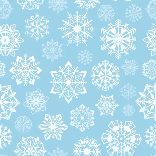 Vector illustration of Snowflakes seamless pattern. Abstract christmas snowflake print, festive xmas crystal stars. Blue and white winter holidays wrapper texture