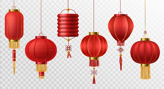 Chinese lanterns. Japanese asian new year red lamps festival 3d chinatown traditional realistic element vector asia religion symbol set