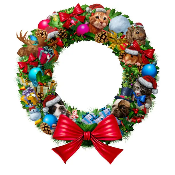Christmas wreath decoration as a circle banner with vintage decorative festive winter season ornaments and pine branches with cute animals and pets with 3D illustration elements isolated on a white background.
