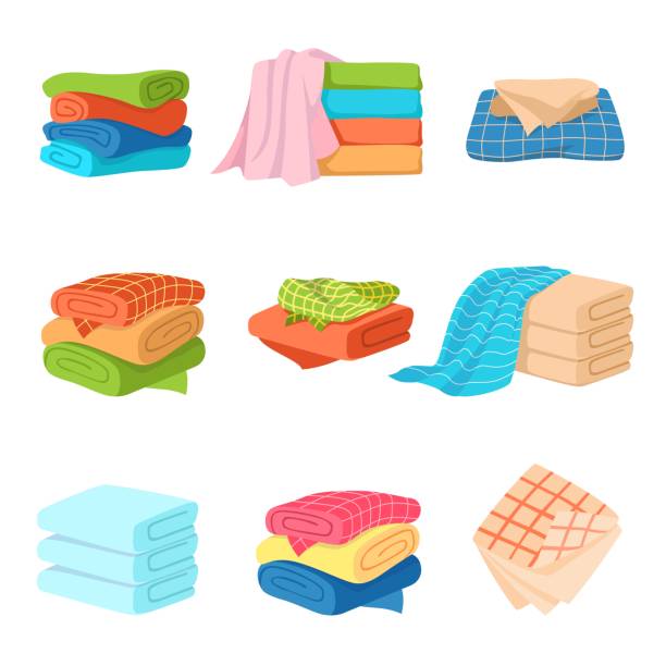 Folded towel. Soft fashion fabric cotton color towels for fresh kitchen or bath isolated cartoon vector collection Folded towel. Soft fashion fabric cotton color towels for fresh kitchen or bath isolated cartoon isometric vector bathroom or hotel spa clean collection washcloth stock illustrations