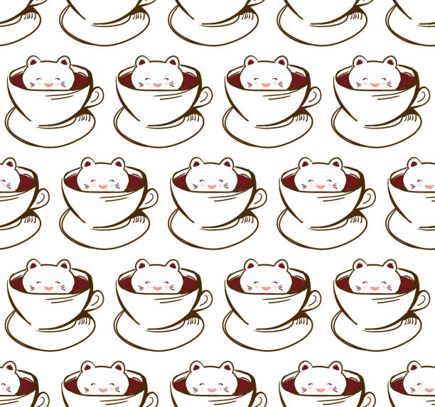 シームレスなパターンかわいいかわいいかわいいかわいい猫は、白い背景に隔離された泡アートコーヒーのカップで。ラテアート3d。ホットチョコレートのカップにミルクフォームトップ。� - hot chocolate coffee isolated on white cup点のイラスト素材／クリップアート素材／マンガ素材／アイコン素材