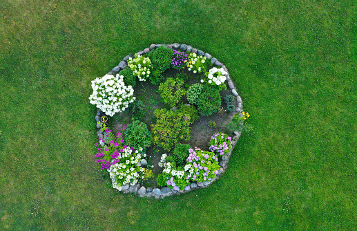 Aerial drone top down view on stylish round flowerbed surrounded by rock wall with violet, white and yellow blooming flowers. Grass as background.