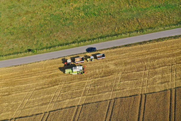 Aerial drone top down view on harvester unloading seed to tractor trailer