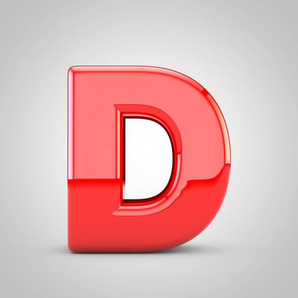 3D Red Letter D uppercase Isolated White Background. Glossy font with studio lights reflections and shadow.