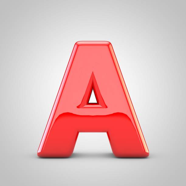 3D Red Letter A uppercase Isolated White Background. Glossy font with studio lights reflections and shadow.