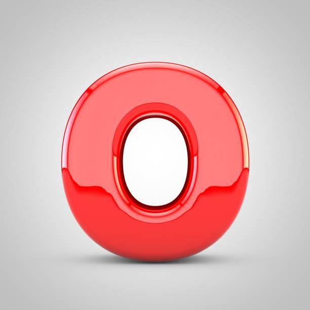 3D Red Letter O uppercase Isolated White Background. Glossy font with studio lights reflections and shadow.