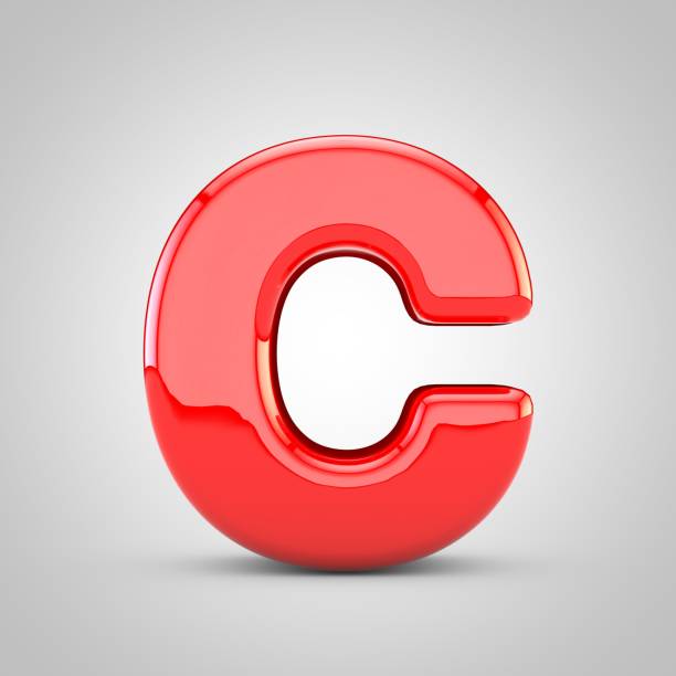 3D Red Letter C uppercase Isolated White Background. Glossy font with studio lights reflections and shadow.