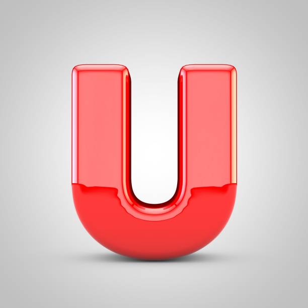 3D Red Letter U uppercase Isolated White Background. Glossy font with studio lights reflections and shadow.