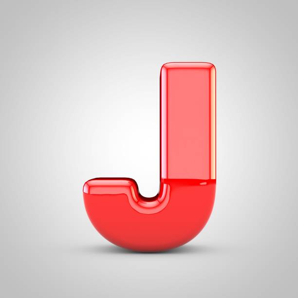 3D Red Letter J uppercase Isolated White Background. Glossy font with studio lights reflections and shadow.